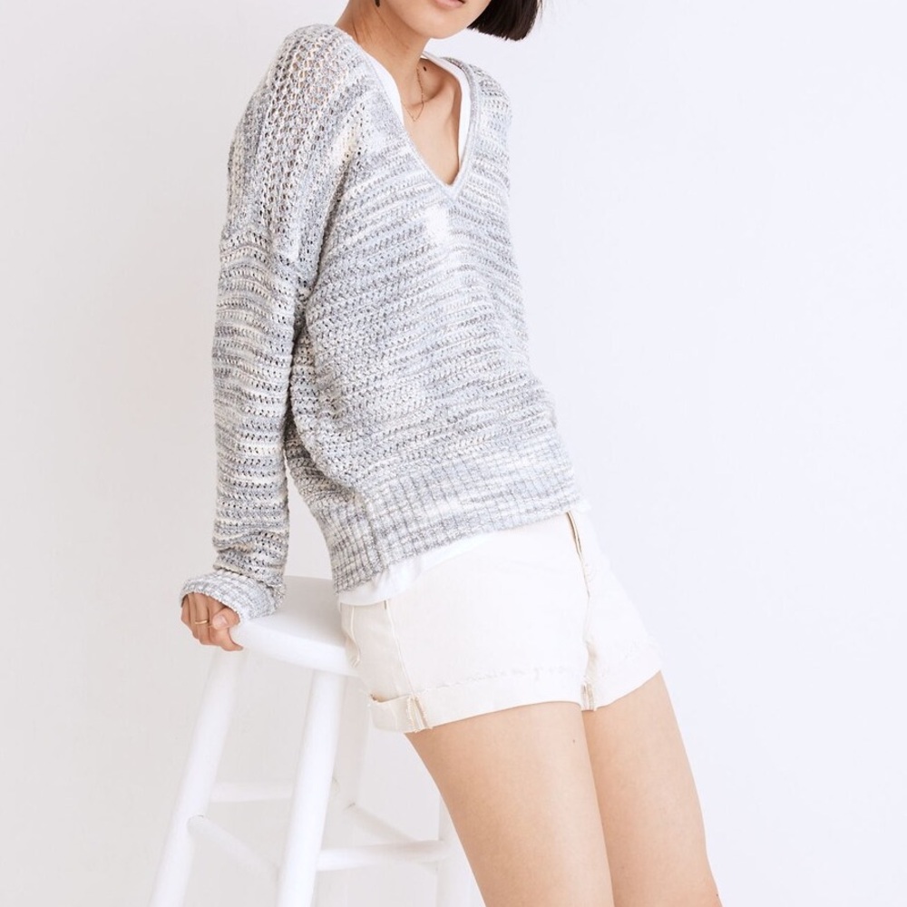 Madewell Sweater V-Neck - Marled Light Blue/White XS